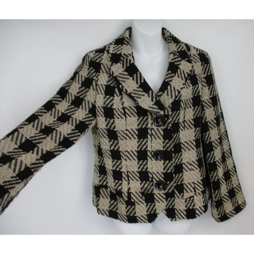 Coldwater Creek Blazer Womens Size 14 Buffalo Check 3-Button Black Tan